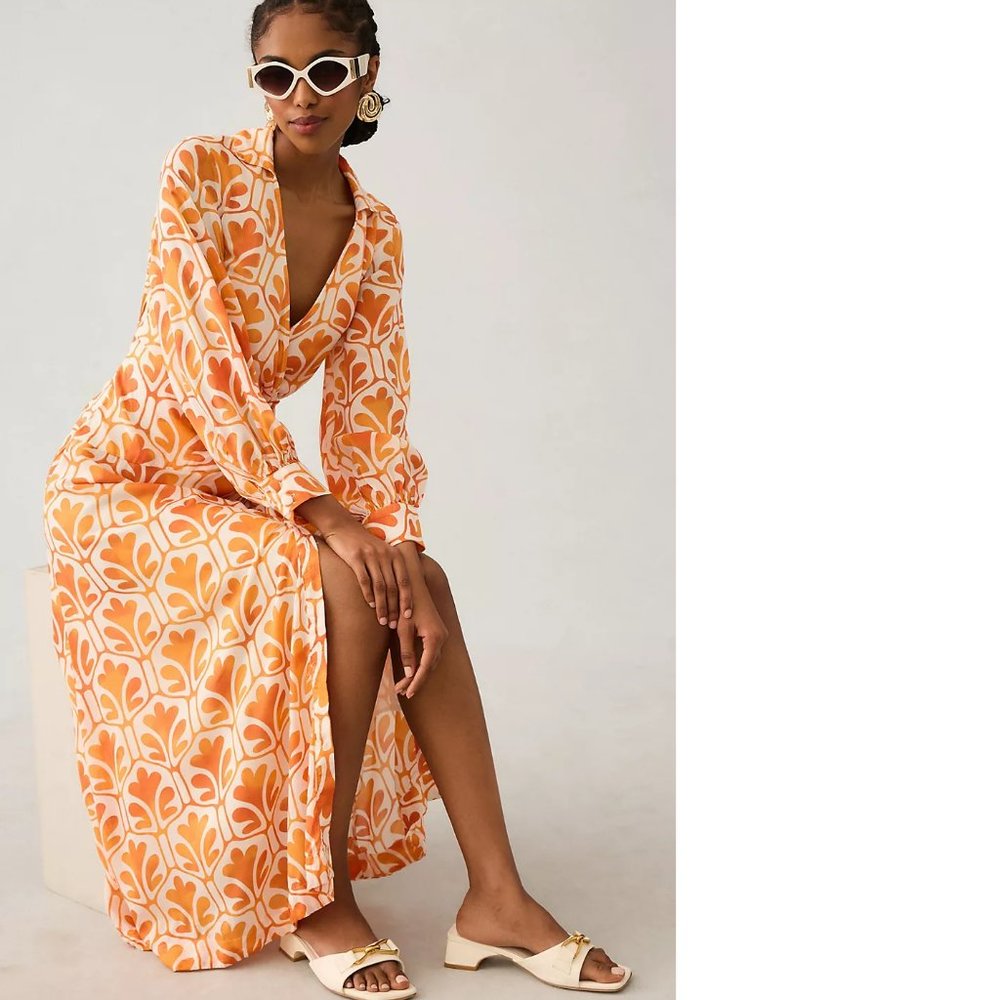 Anthropologie Maeve Printed Wrap Shirt Dress size 10 new with tag orange color - Picture 4 of 4